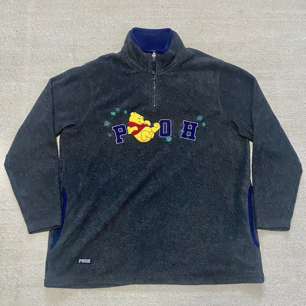 Vintage Disney Winnie The Pooh 1/4 Zip Fleece Sweater Gray Large